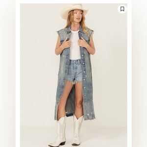 Women's Blue Denim Long Vest with Studded Details